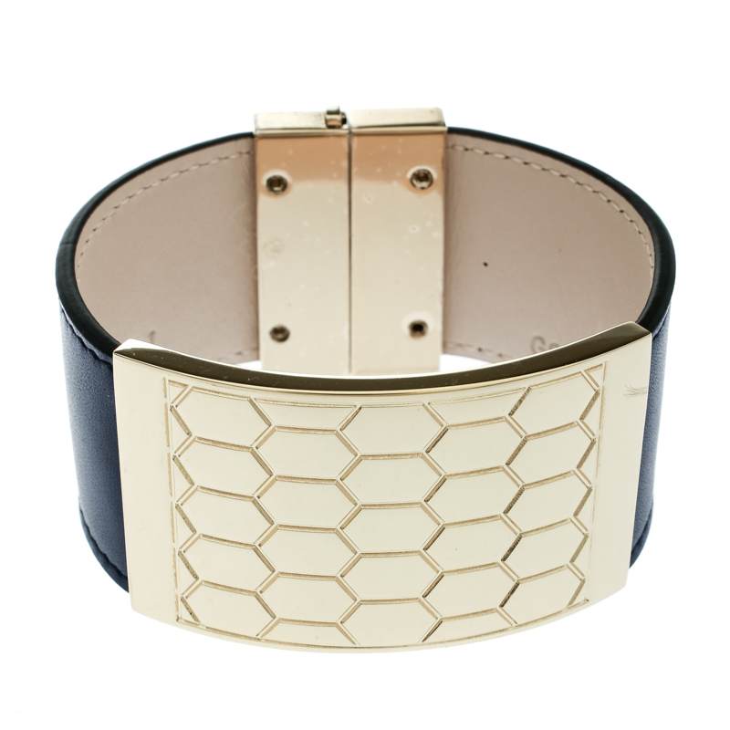 Bvlgari Serpenti Forever Scaglie Blue Leather Gold Tone Wide Cuff Bracelet 