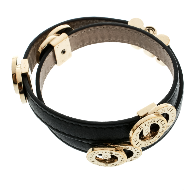 Bvlgari Black Leather Gold Tone Double Coiled Wrap Bracelet Bvlgari TLC
