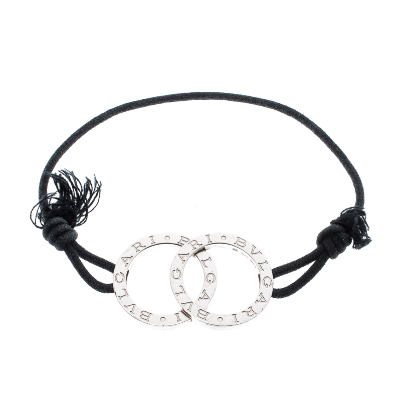 Bvlgari Bvlgari Fortuna Silver Interlocking Circles & Black Cord Bracelet 