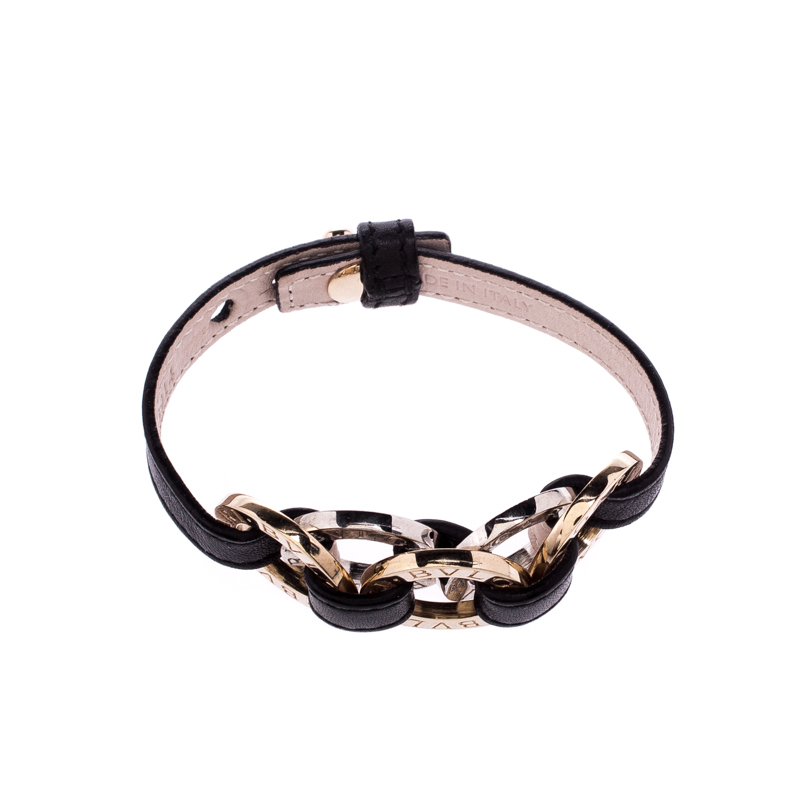 

Bvlgari Two Tone Interlocking Circles Black Leather Bracelet