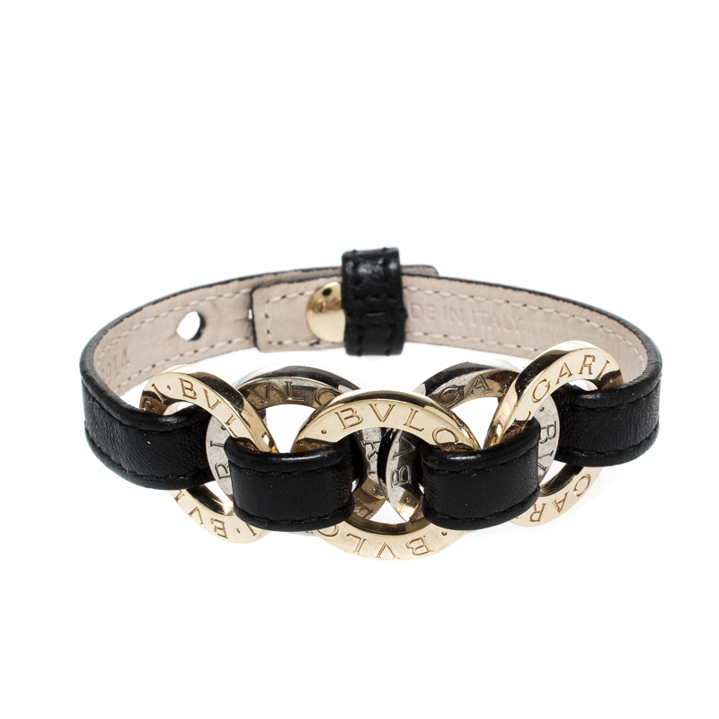 Bvlgari Two Tone Interlocking Circles Black Leather Bracelet