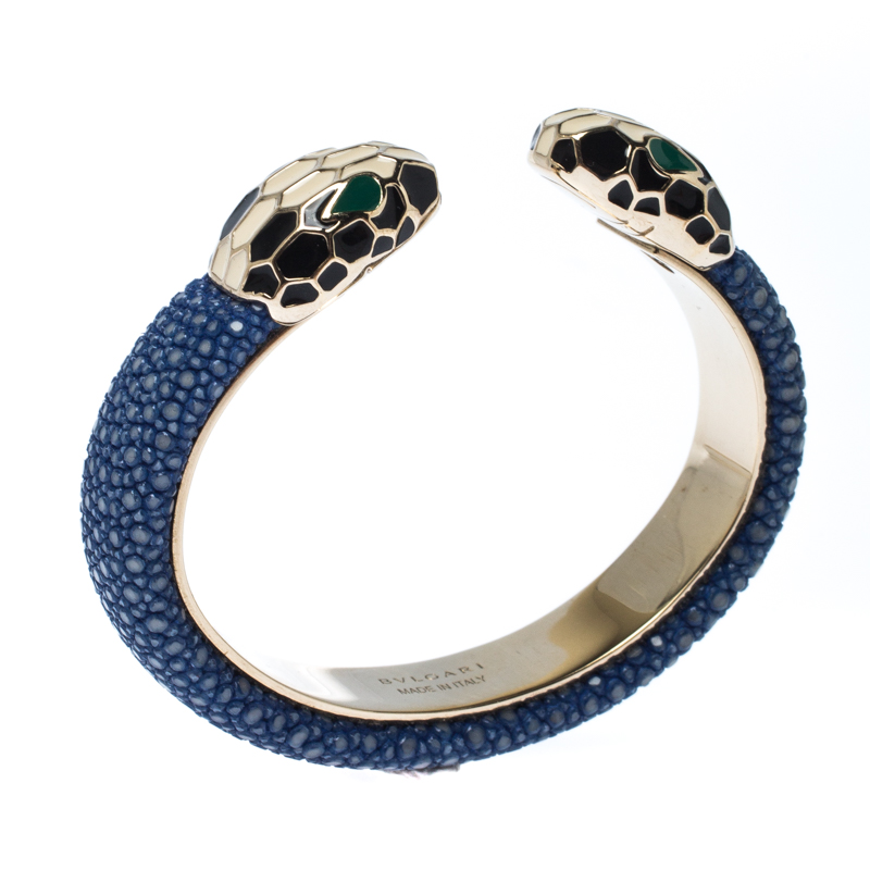 

Bvlgari Serpenti Forever Enamel Blue Galuchat Leather Gold Plated Open Cuff Bracelet