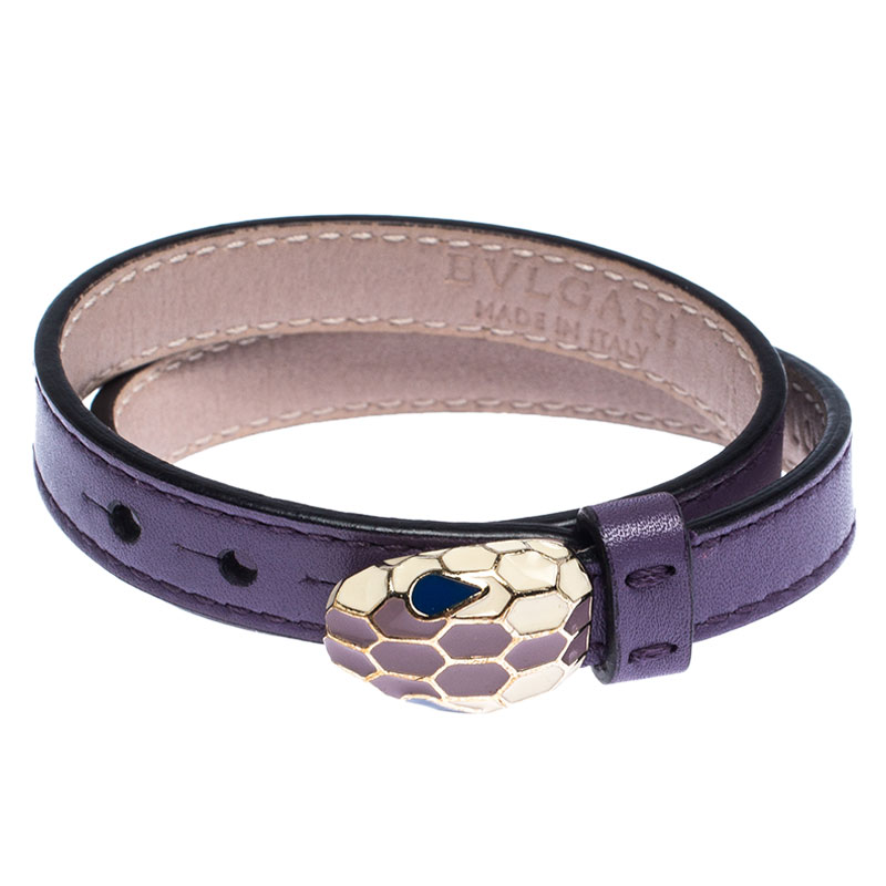 Bvlgari Serpenti Forever Enamel Purple Double Coiled Leather Gold Plated Bracelet