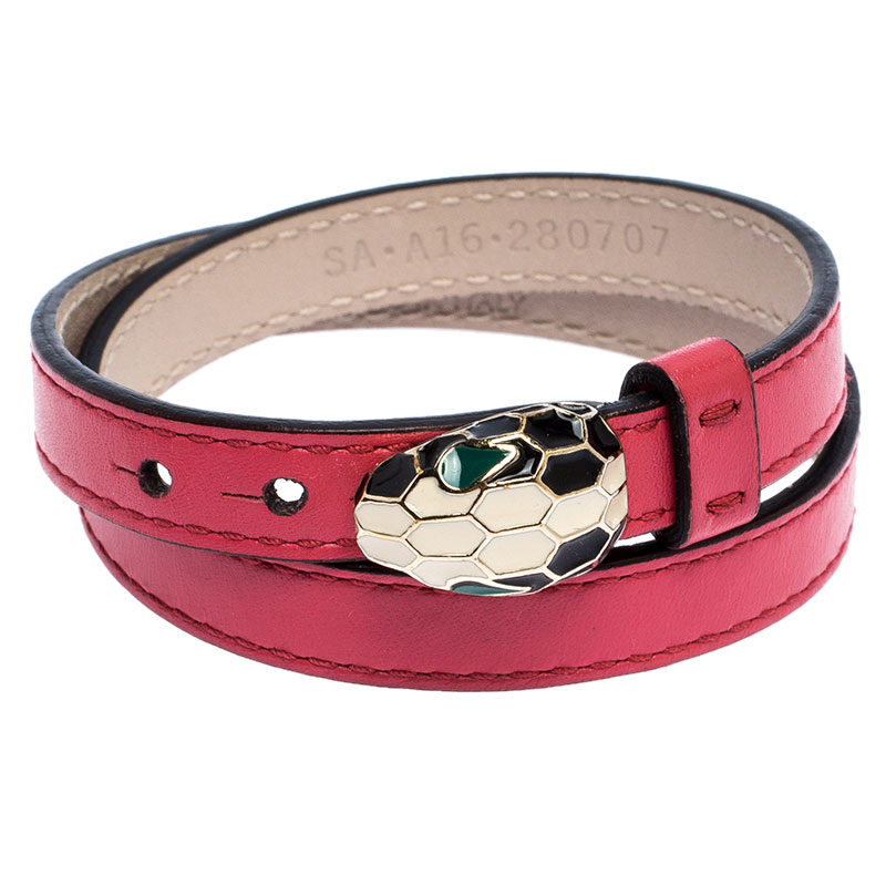 Pre Owned Bvlgari Serpenti Forever Enamel Pink Double Coiled Leather Gold Plated Bracelet