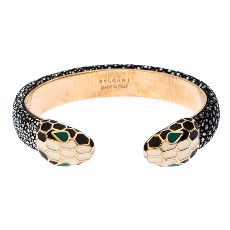Bvlgari Serpenti Forever Enamel & Galuchat Leather Gold Plated Open Cuff Bracelet 
