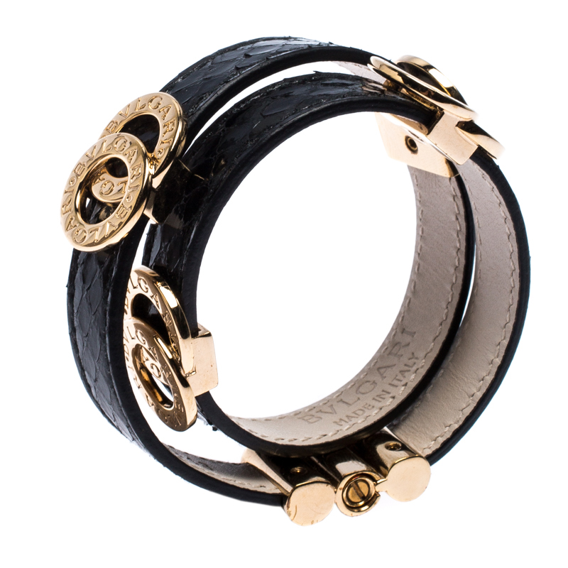 

Bvlgari Black Snakeskin Leather Gold Tone Double Wrap Bracelet