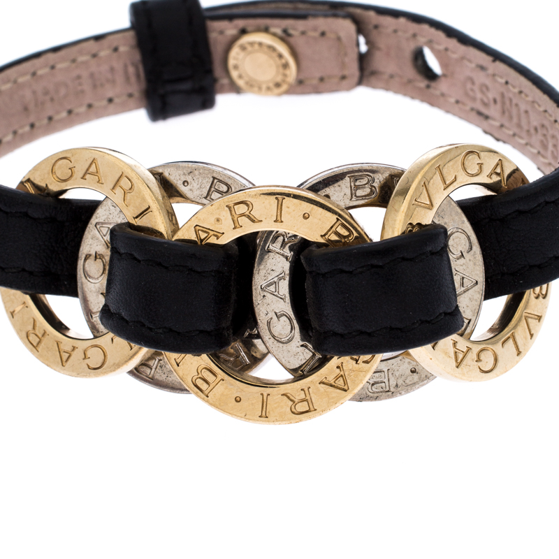

Bvlgari Two Tone Interlocking Circles Black Leather Bracelet