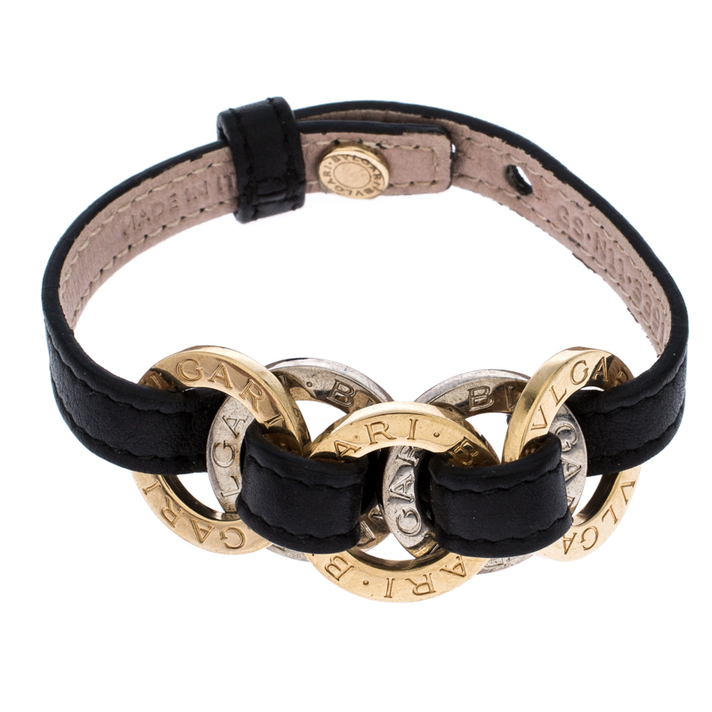 Bvlgari Two Tone Interlocking Circles Black Leather Bracelet