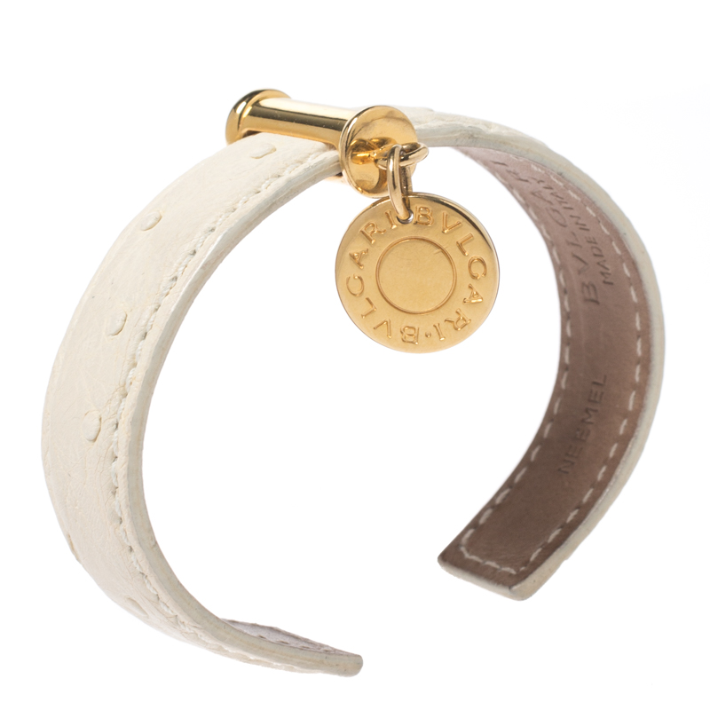 

Bvlgari Cream Ostrich Leather Gold Tone Open Cuff Bracelet