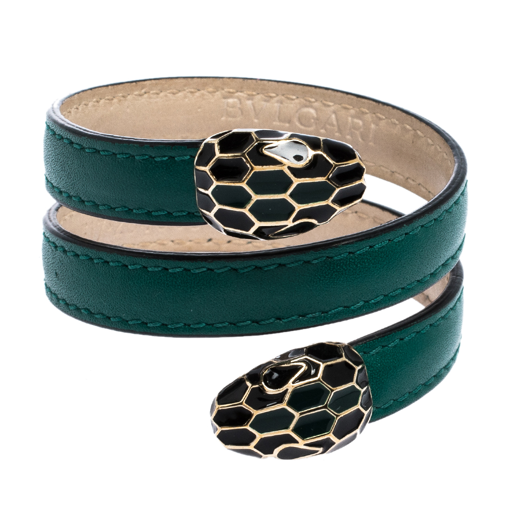 Bvlgari Serpenti Forever Green Leather Gold Tone Multi-coiled Rigid Bracelet