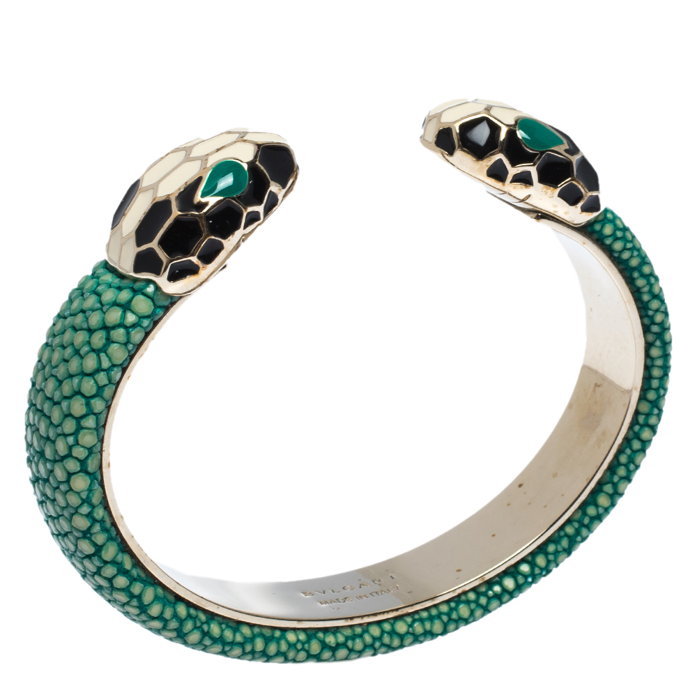 

Bvlgari Serpenti Forever Enamel & Green Galuchat Leather Gold Plated Open Cuff Bracelet