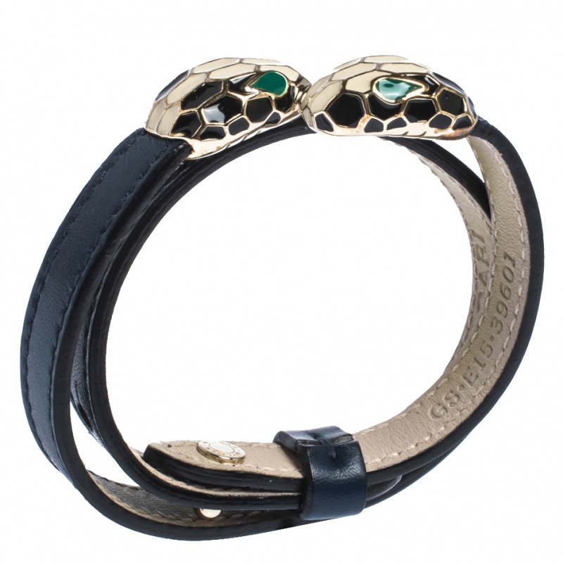 

Bvlgari Serpenti Forever Enamel Blue Leather Gold Plated Double Coiled Bracelet, Navy blue