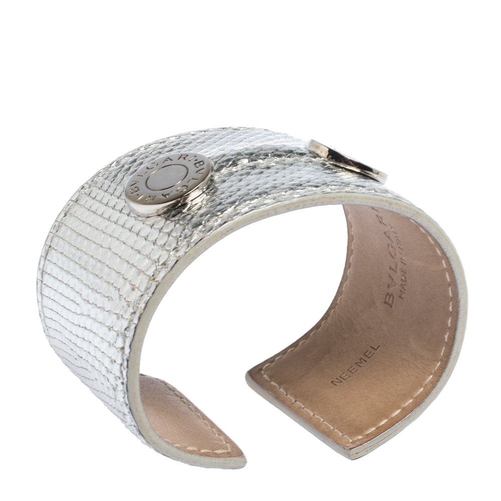 

Bvlgari Metallic Silver Karung Leather Silver Tone Wide Cuff Bracelet