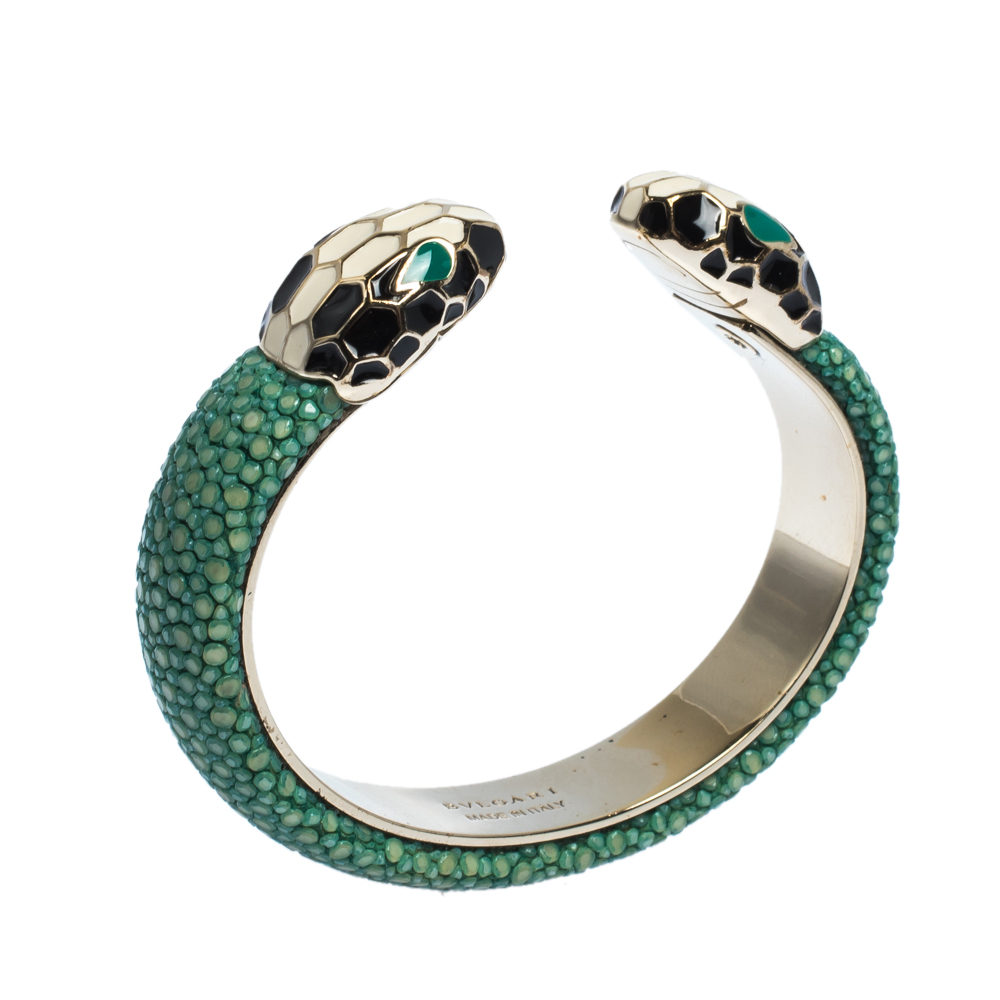 

Bvlgari Serpenti Forever Enamel & Galuchat Leather Gold Plated Open Cuff Bracelet, Green