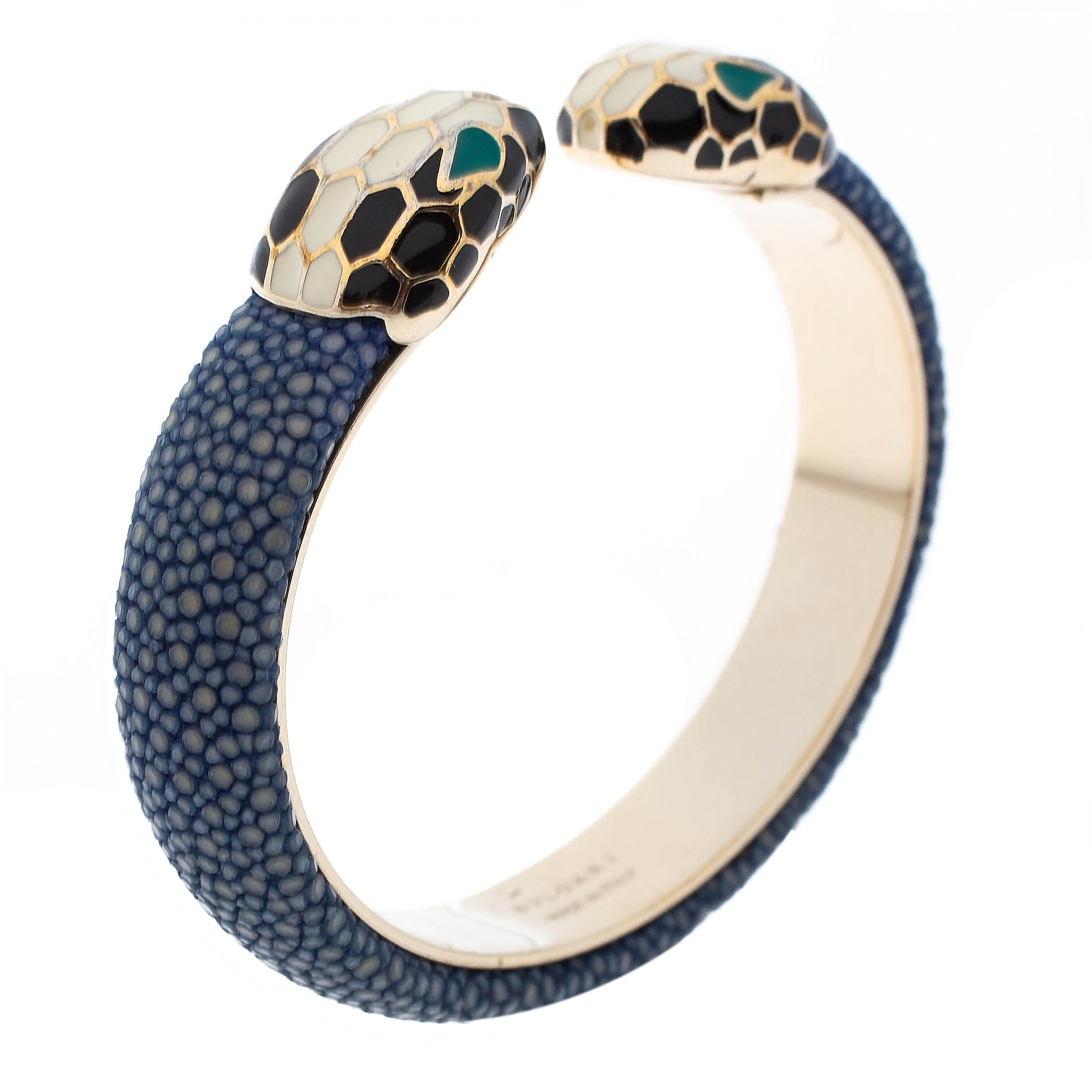 

Bvlgari Serpenti Forever Blue Galuchat Leather Gold Plated Open Cuff Bracelet