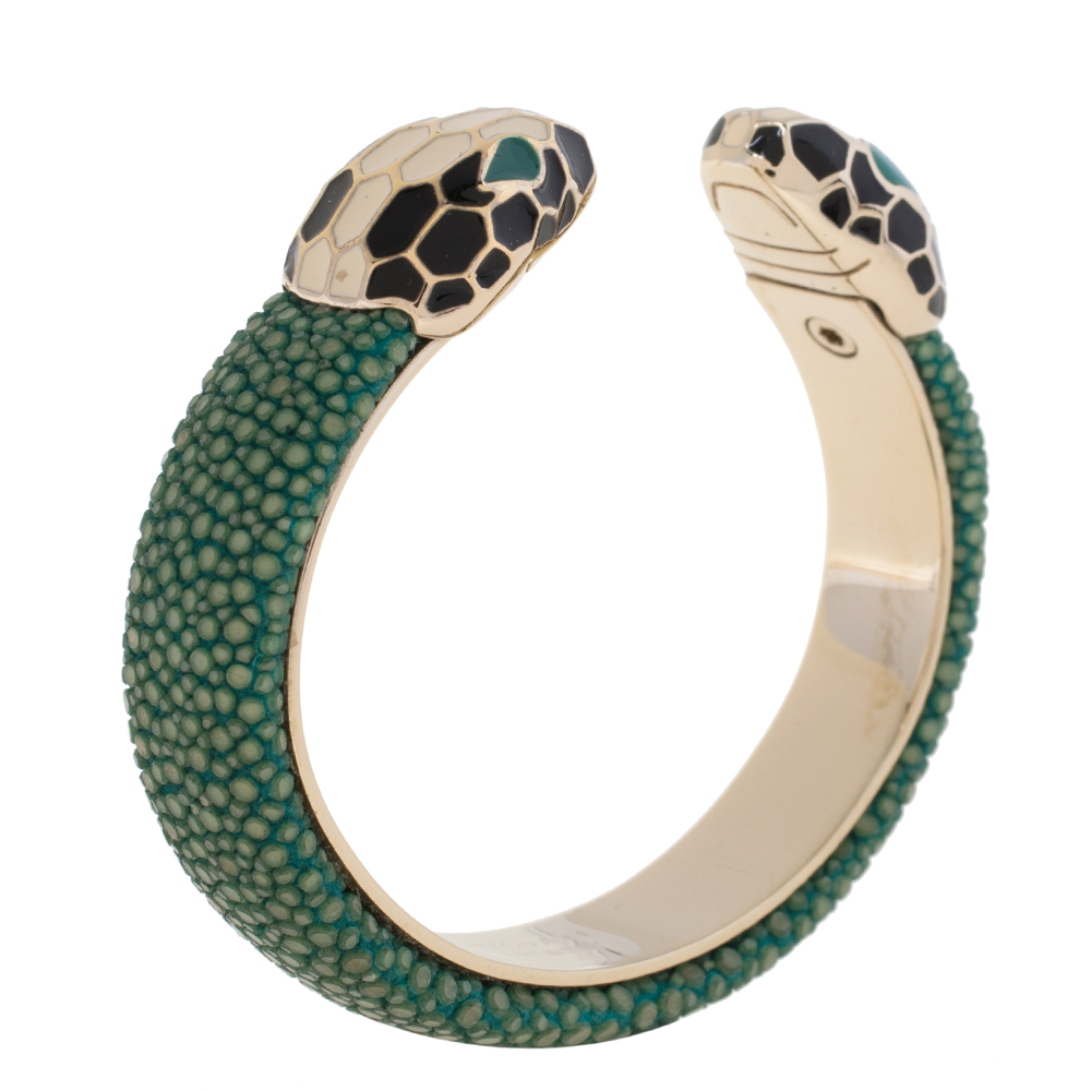 

Bvlgari Green Galuchat Serpenti Forever Gold Plated Open Cuff Bracelet