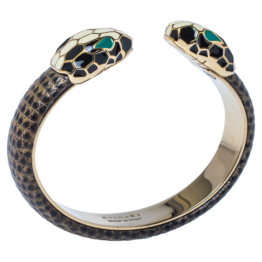 

Bvlgari Serpenti Forever Brown Lizard Skin Gold Plated Open Cuff Bracelet