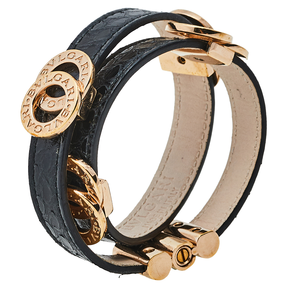 

Bvlgari Black Snakeskin Leather Gold Tone Double Wrap Bracelet