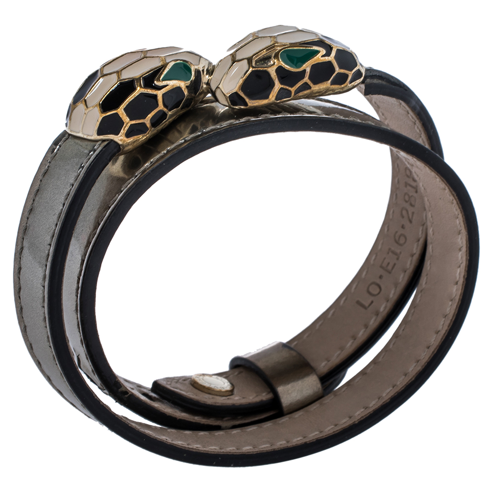 

Bvlgari Serpenti Forever Metallic Silver Leather Gold Plated Double Wrap Bracelet