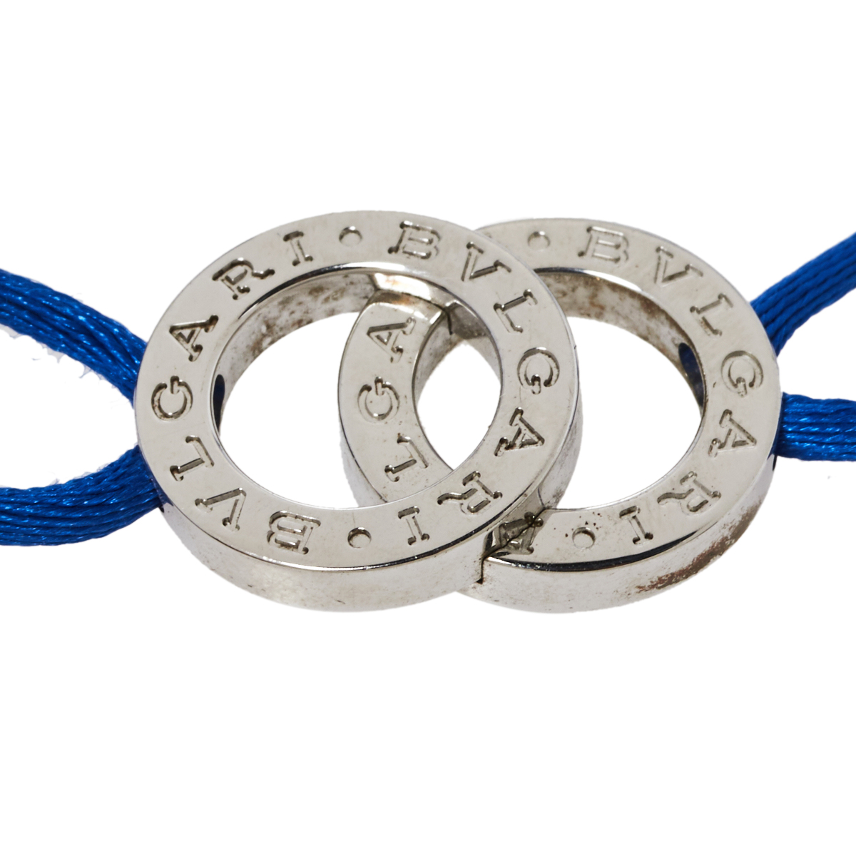 

Bvlgari Fortuna Interlocking Circles Sterling Silver Blue Cord Bracelet