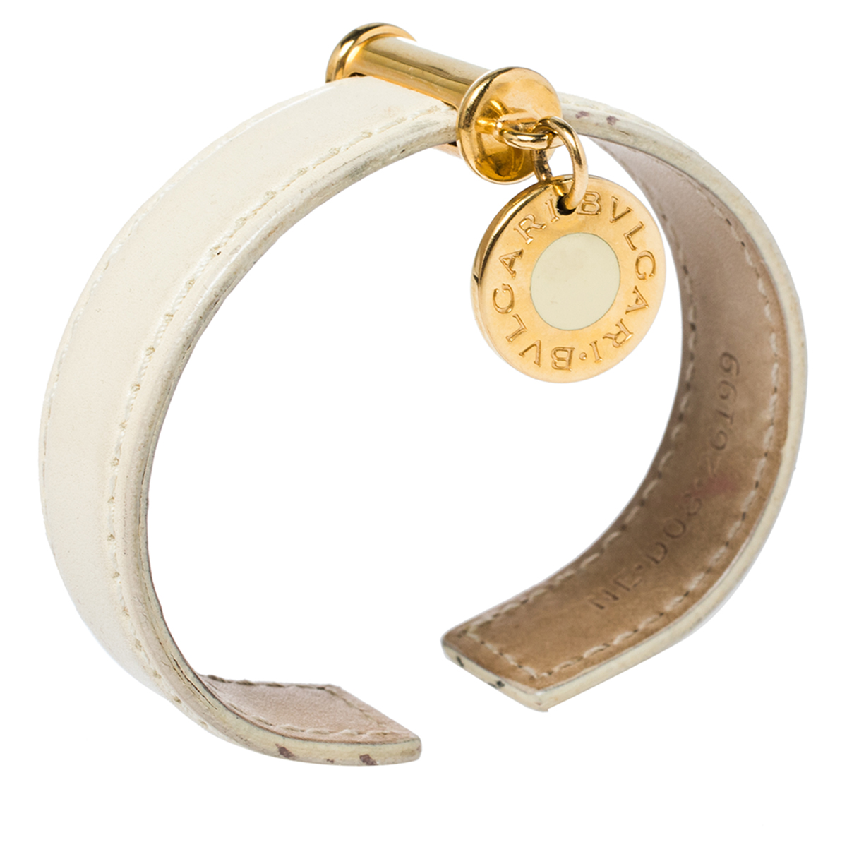 

Bvlgari Cream Leather Logo Charm Open Cuff Bracelet