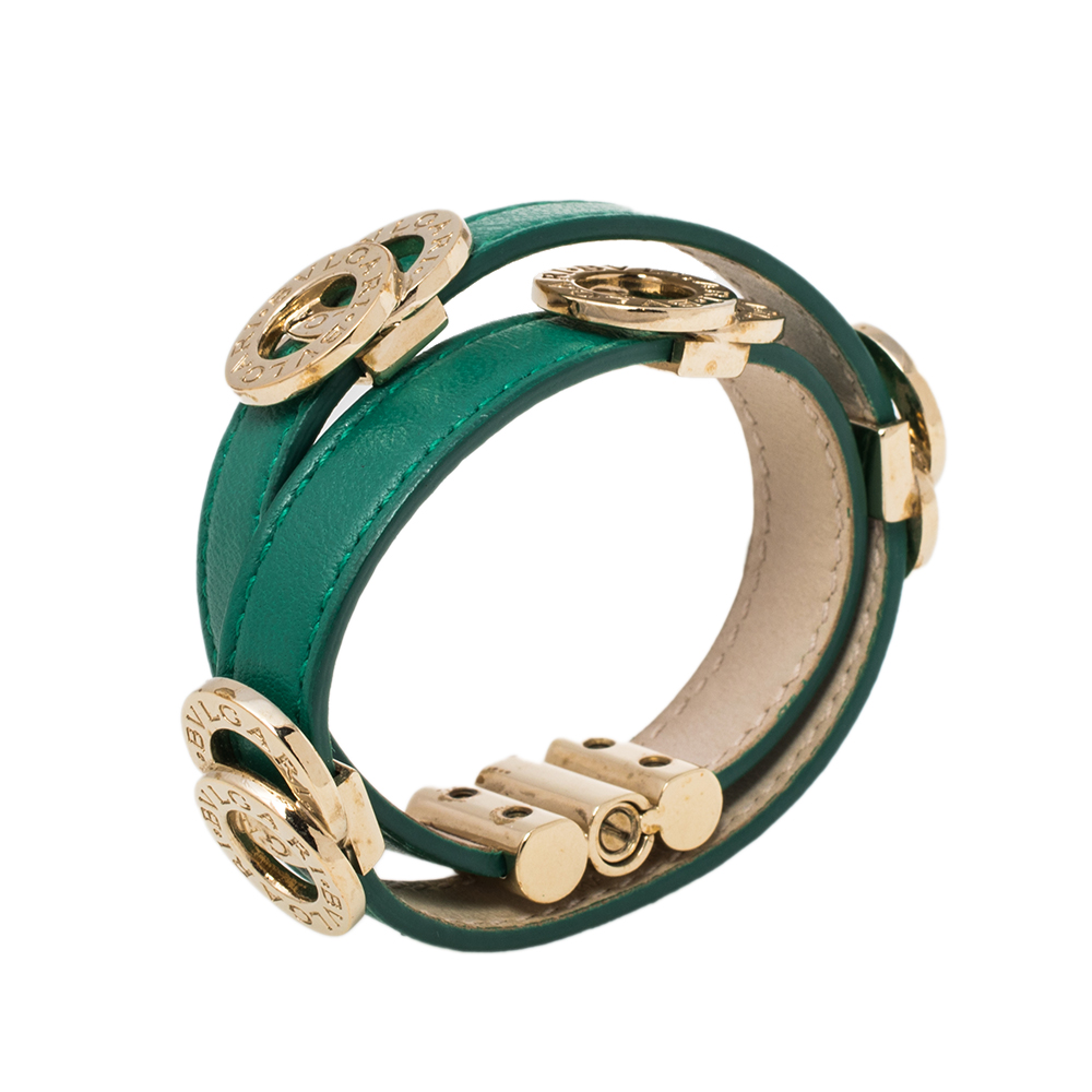 

Bvlgari Bvlgari Interlocking Circles Green Leather Gold Plated Double Coiled Bracelet