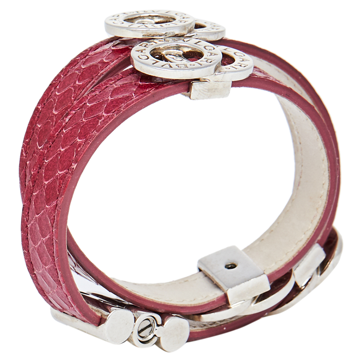 

Bvlgari Bvlgari Burgundy Leather Silver Tone Double Coil Wrap Bracelet