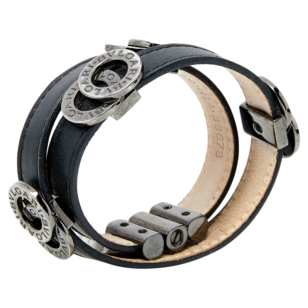 

Bvlgari Black Leather Gun Metal Tone Double Wrap Bracelet