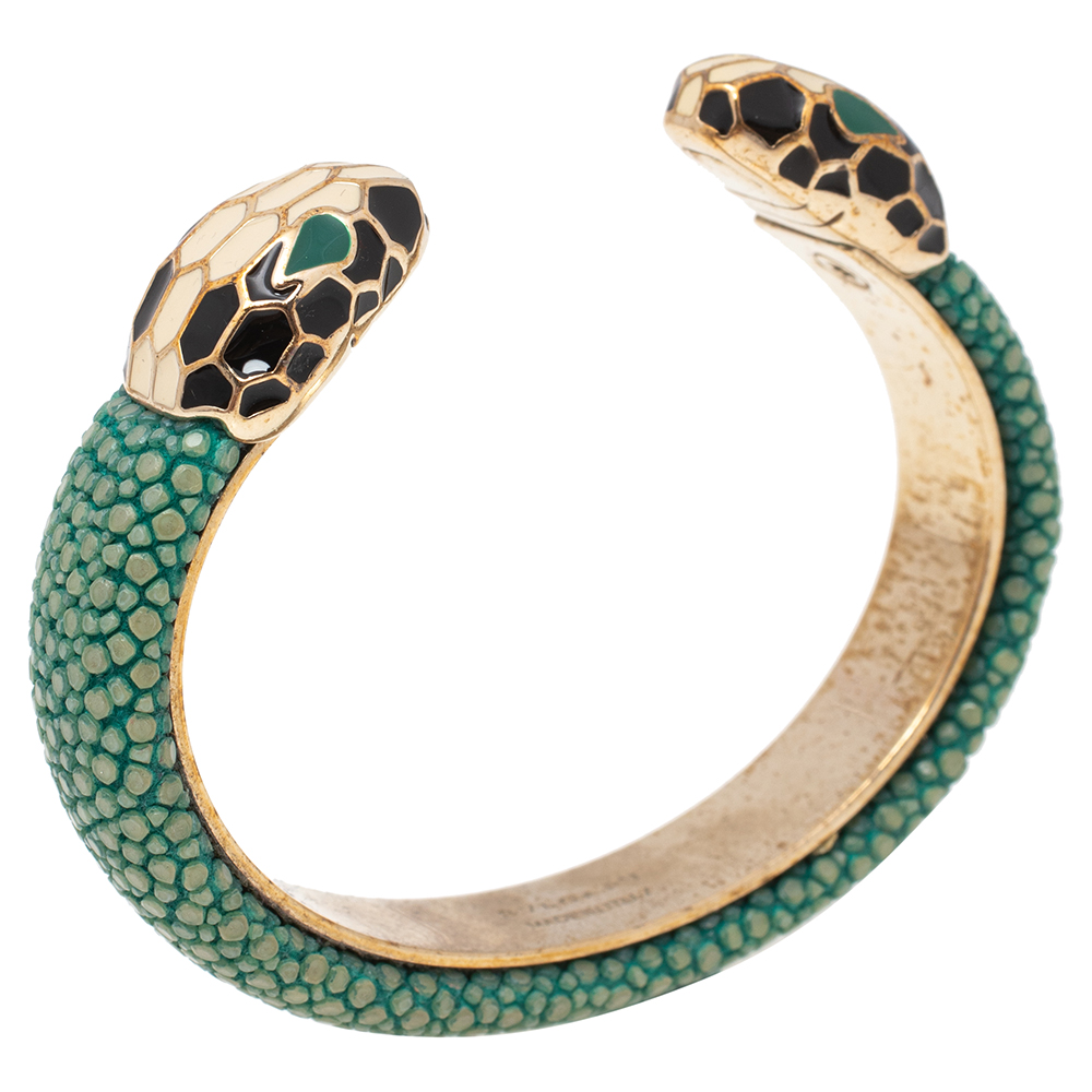 

Bvlgari Serpenti Forever Green Galuchat Leather Open Cuff Bracelet