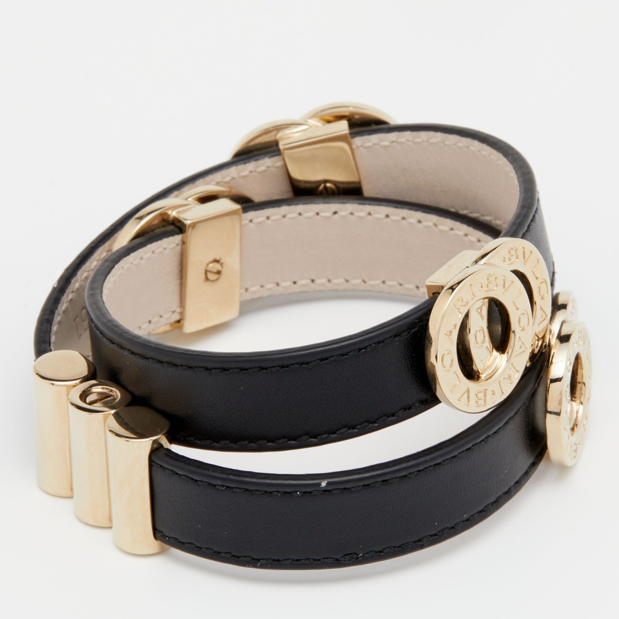 

Bvlgari Black Leather Gold Tone Double Coiled Wrap Bracelet