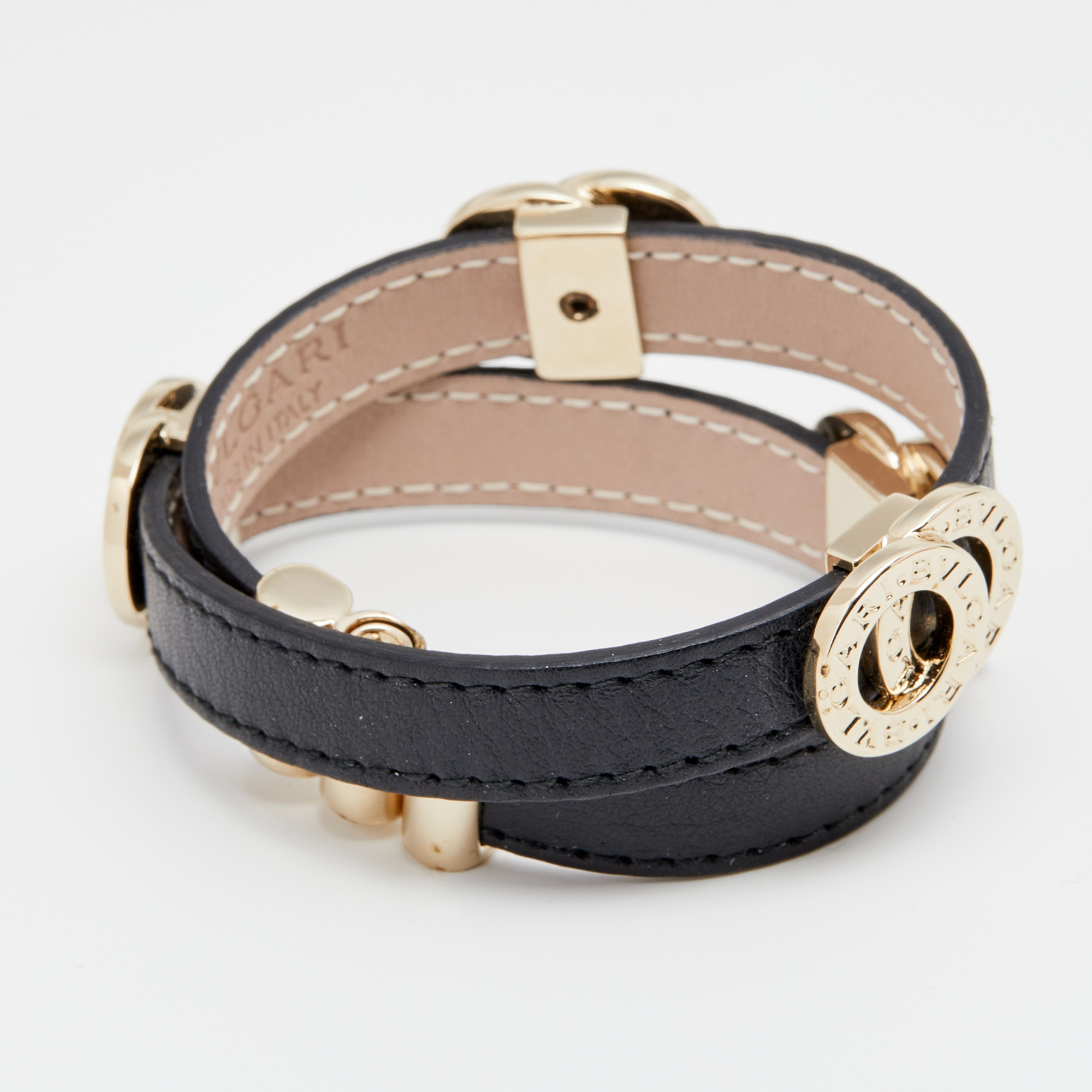 

Bvlgari Black Leather Interlocking Rings Double Coiled Bracelet