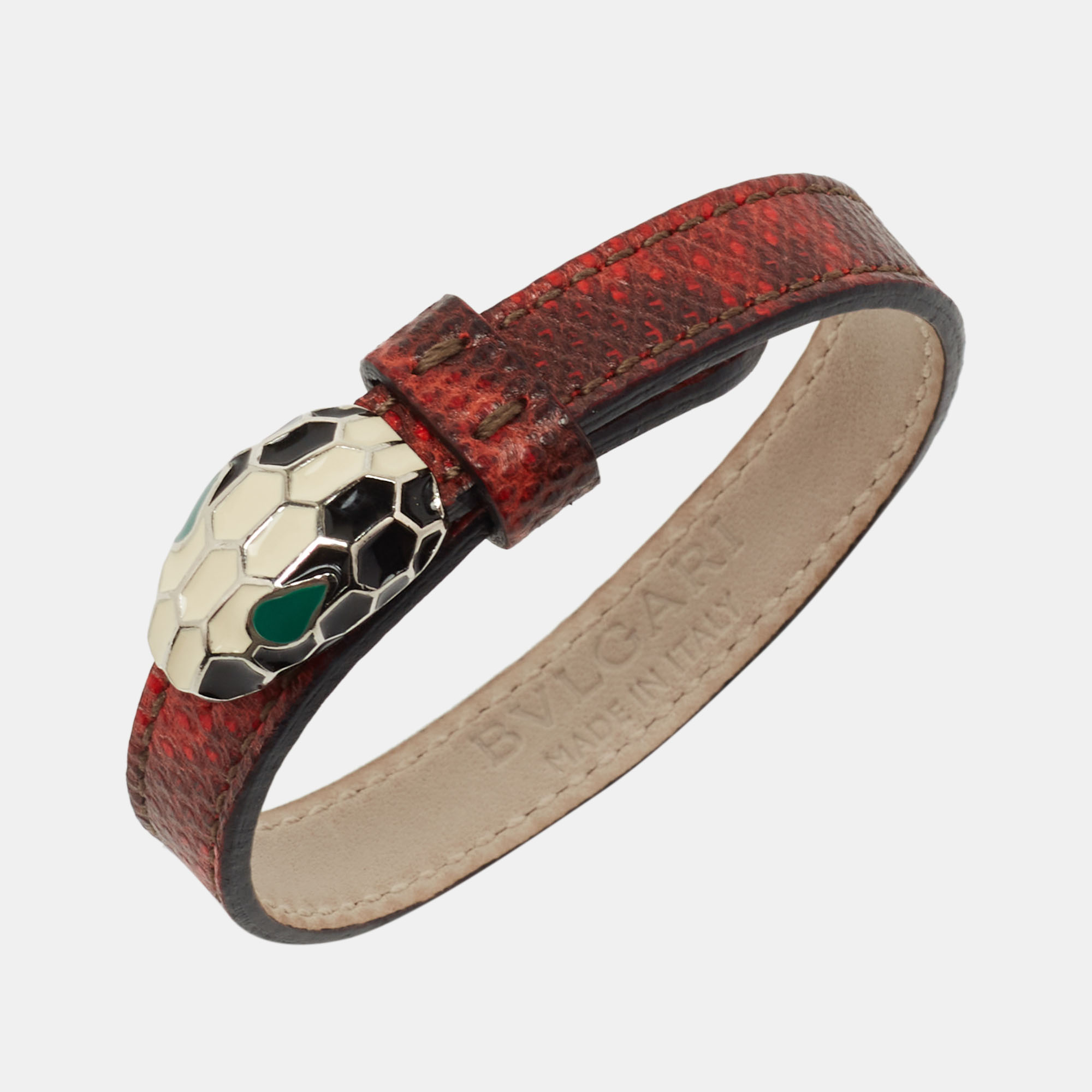 

Bvlgari Serpenti Forever Snakeskin Leather Enamel Silver Tone Bracelet