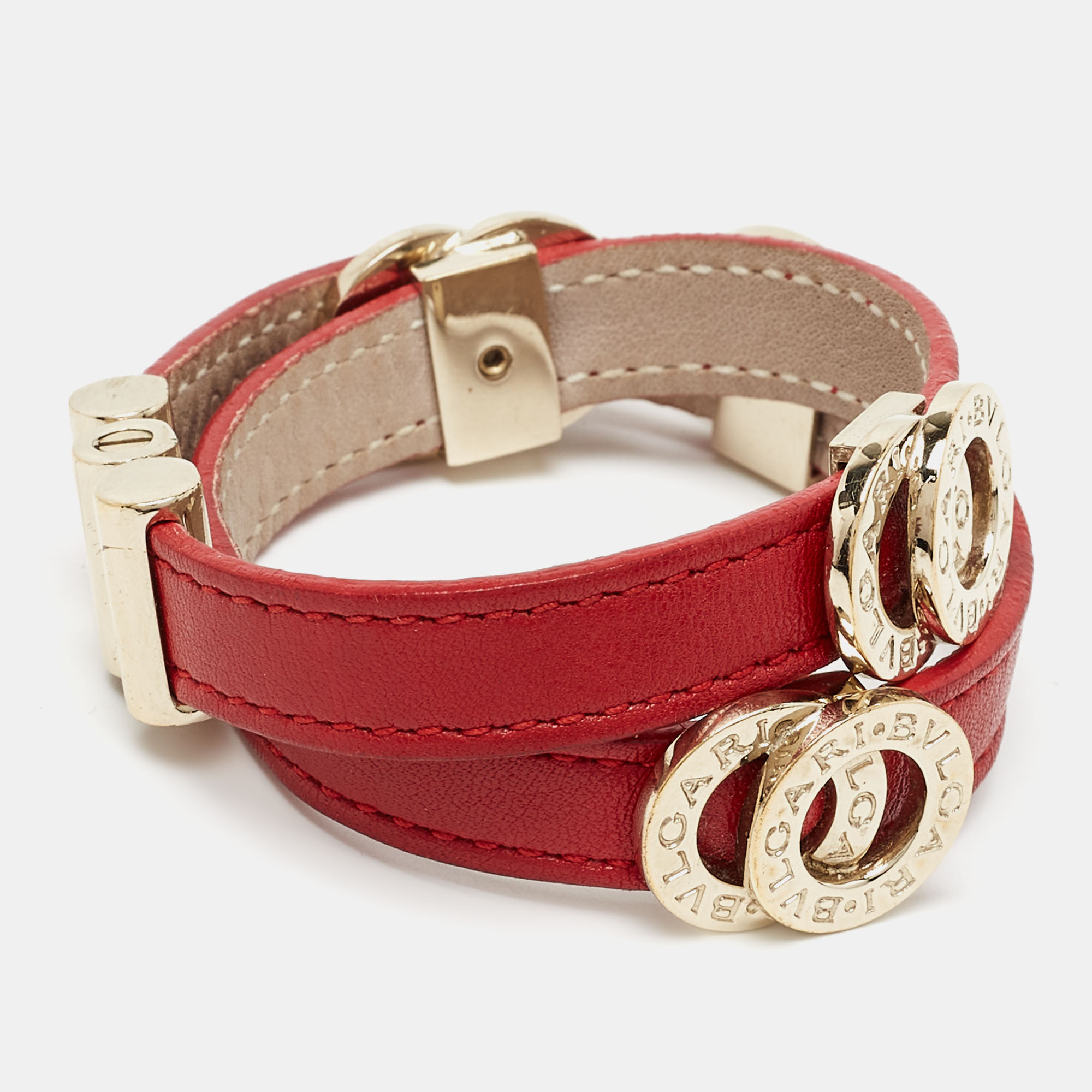 

Bvlgari Red Leather Double-Coiled Gold Tone Wrap Bracelet