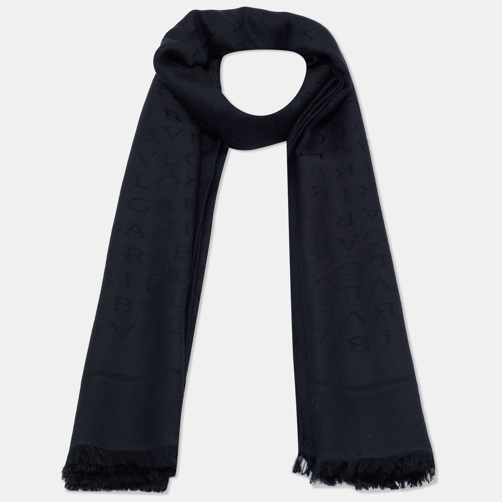 Bvlgari Black Wool and Silk Logomania Scarf