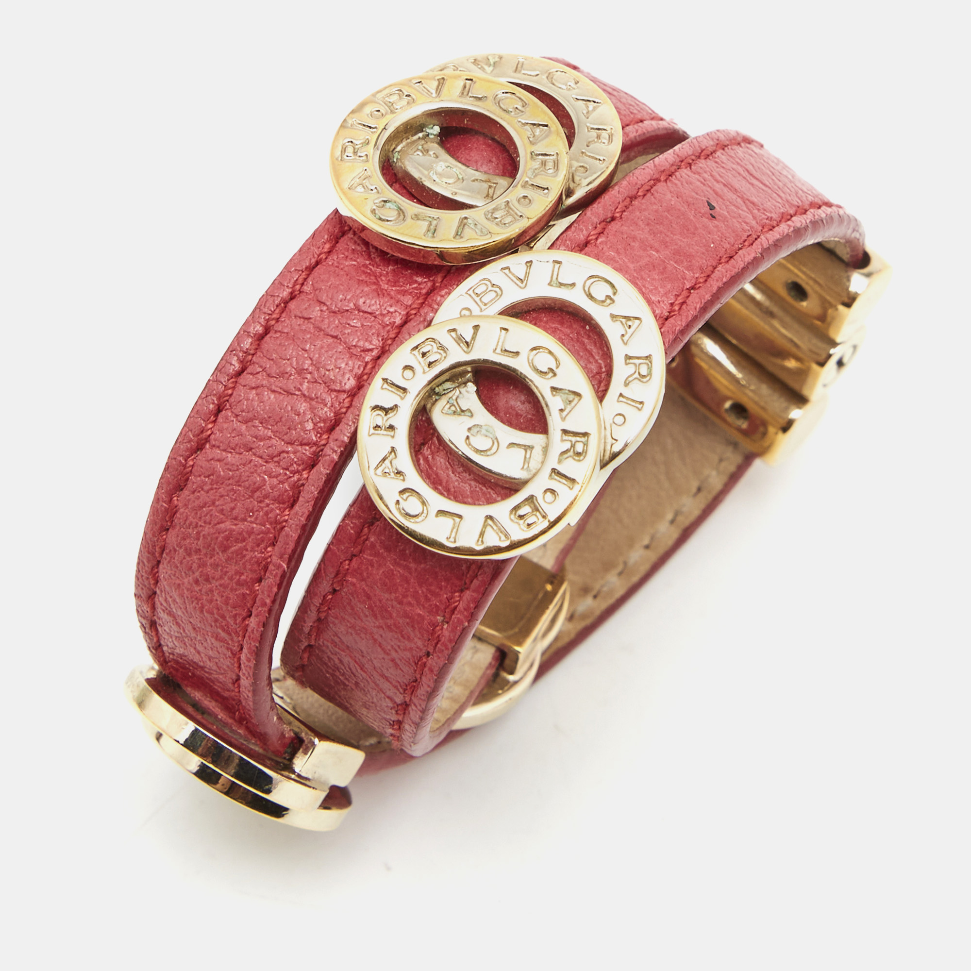 

Bvlgari Red Leather Double-Coiled Gold Tone Wrap Bracelet