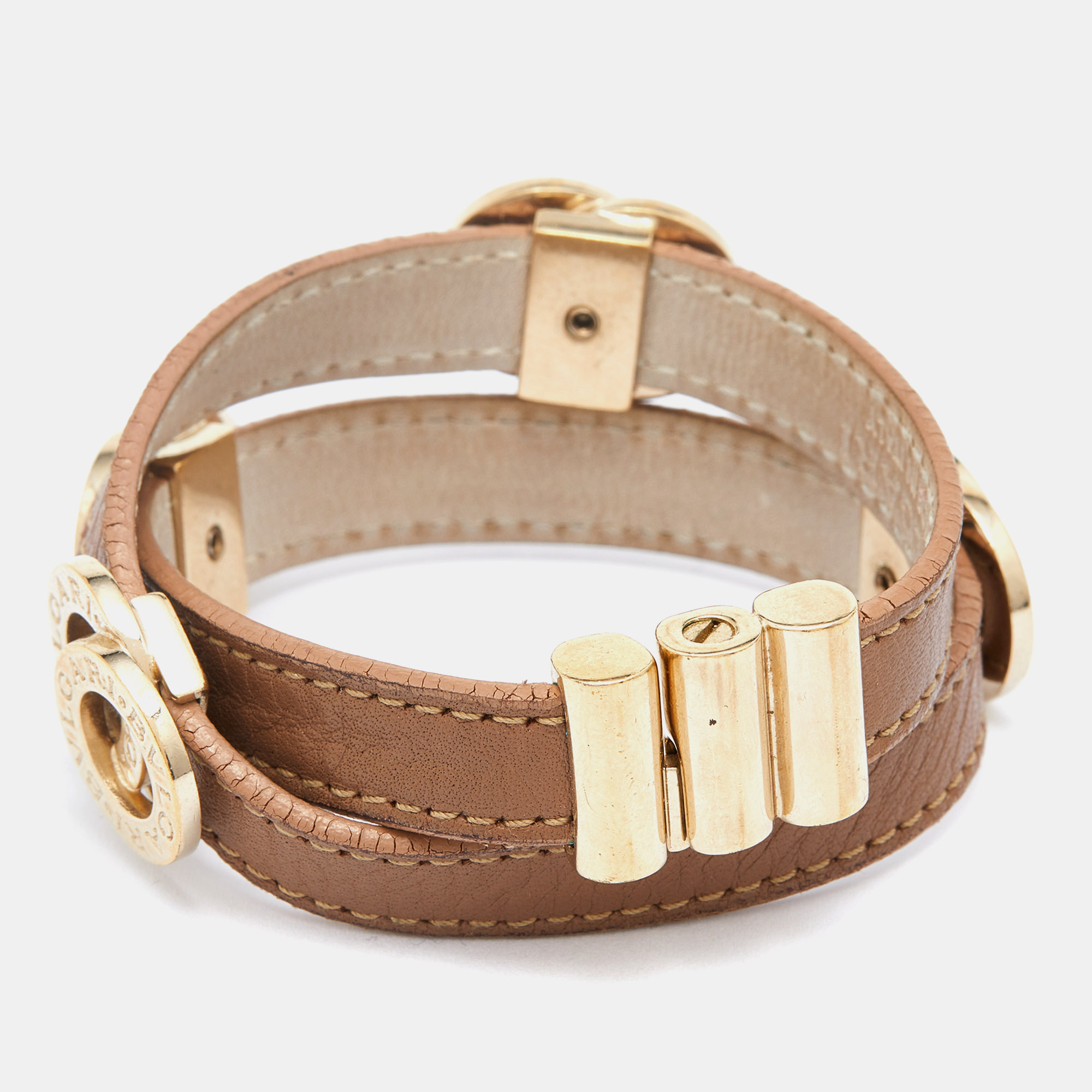 

Bvlgari Brown Leather Gold Tone Double Wrap Bracelet