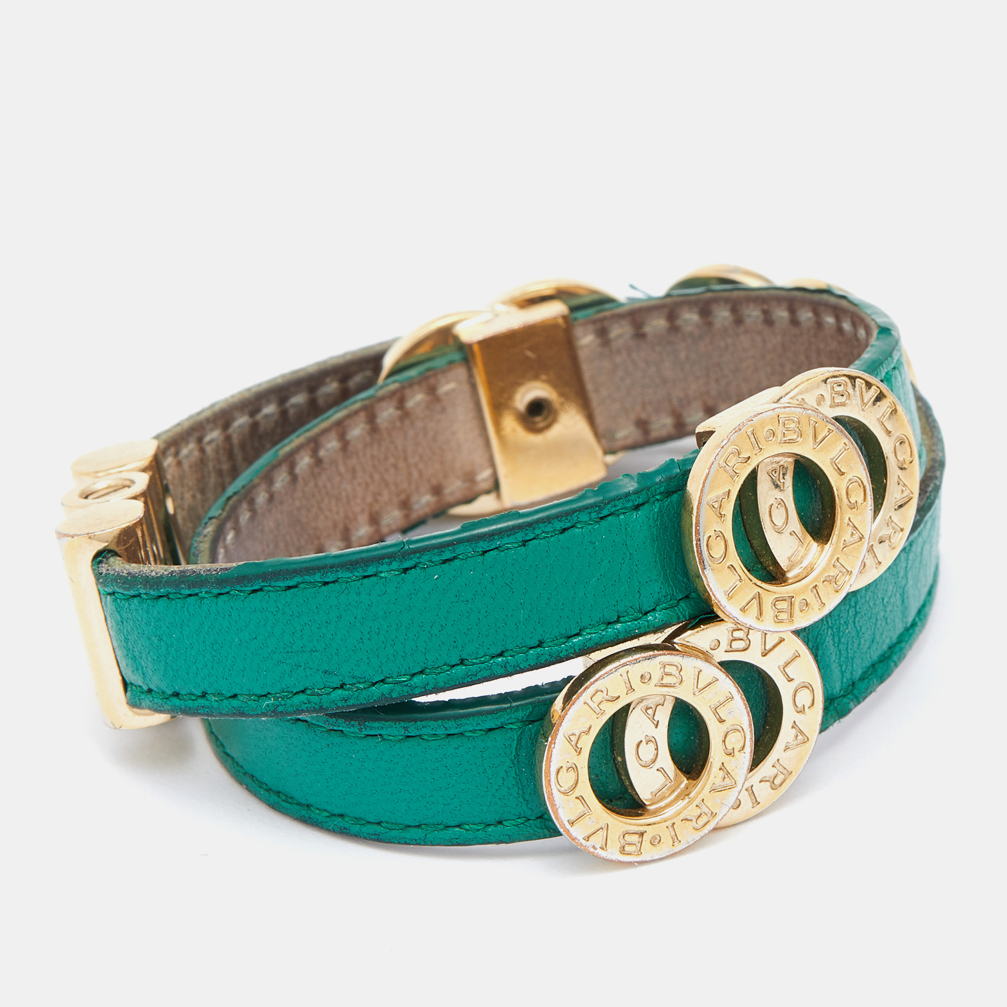 

Bvlgari Green Leather Gold Tone Double Wrap Bracelet