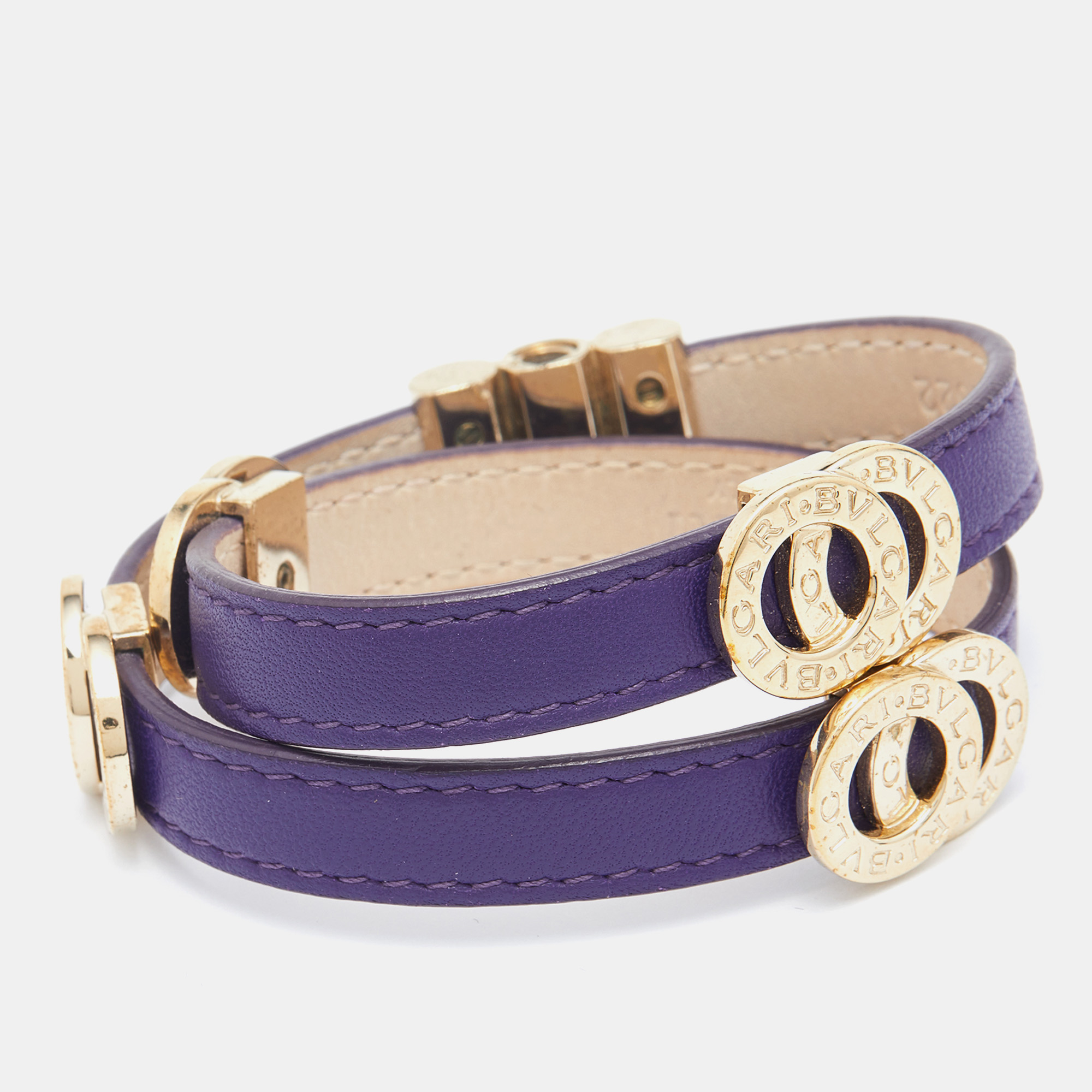 

Bvlgari Purple Leather Gold Tone Double Wrap Bracelet