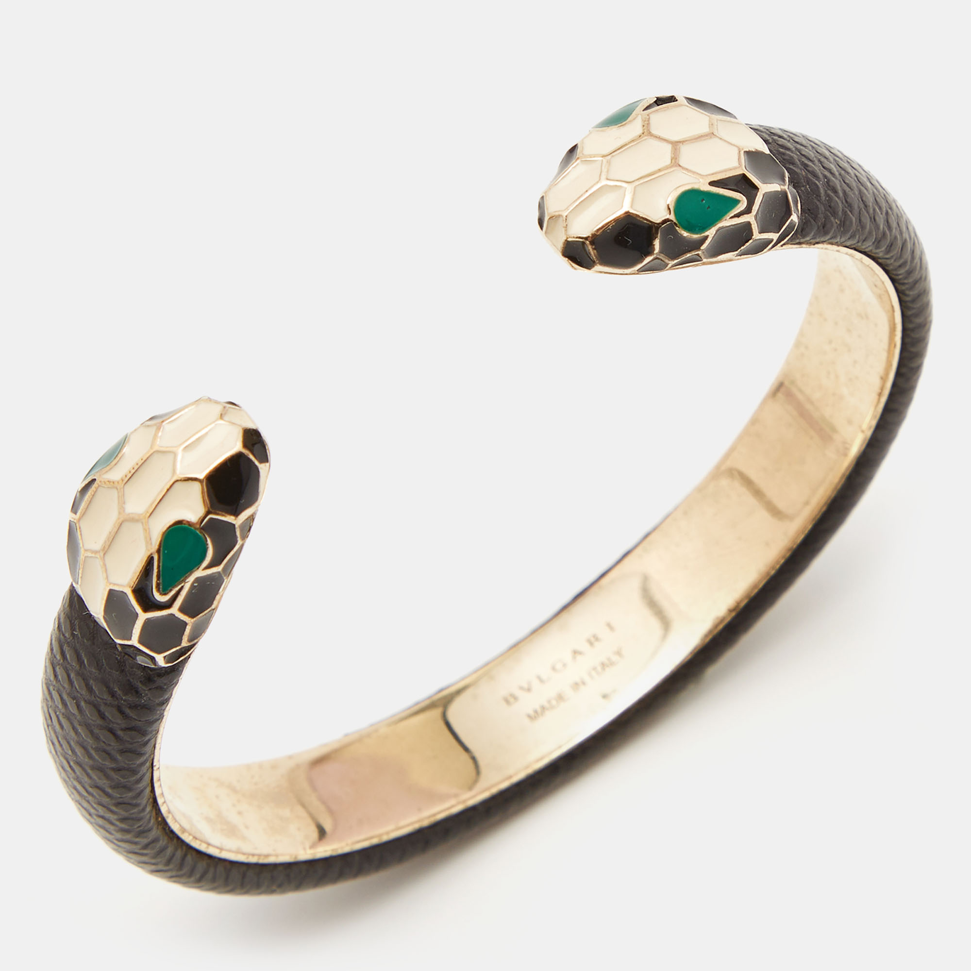 

Bvlgari Serpenti Forever Enamel Leather Gold Tone Open Cuff Bracelet