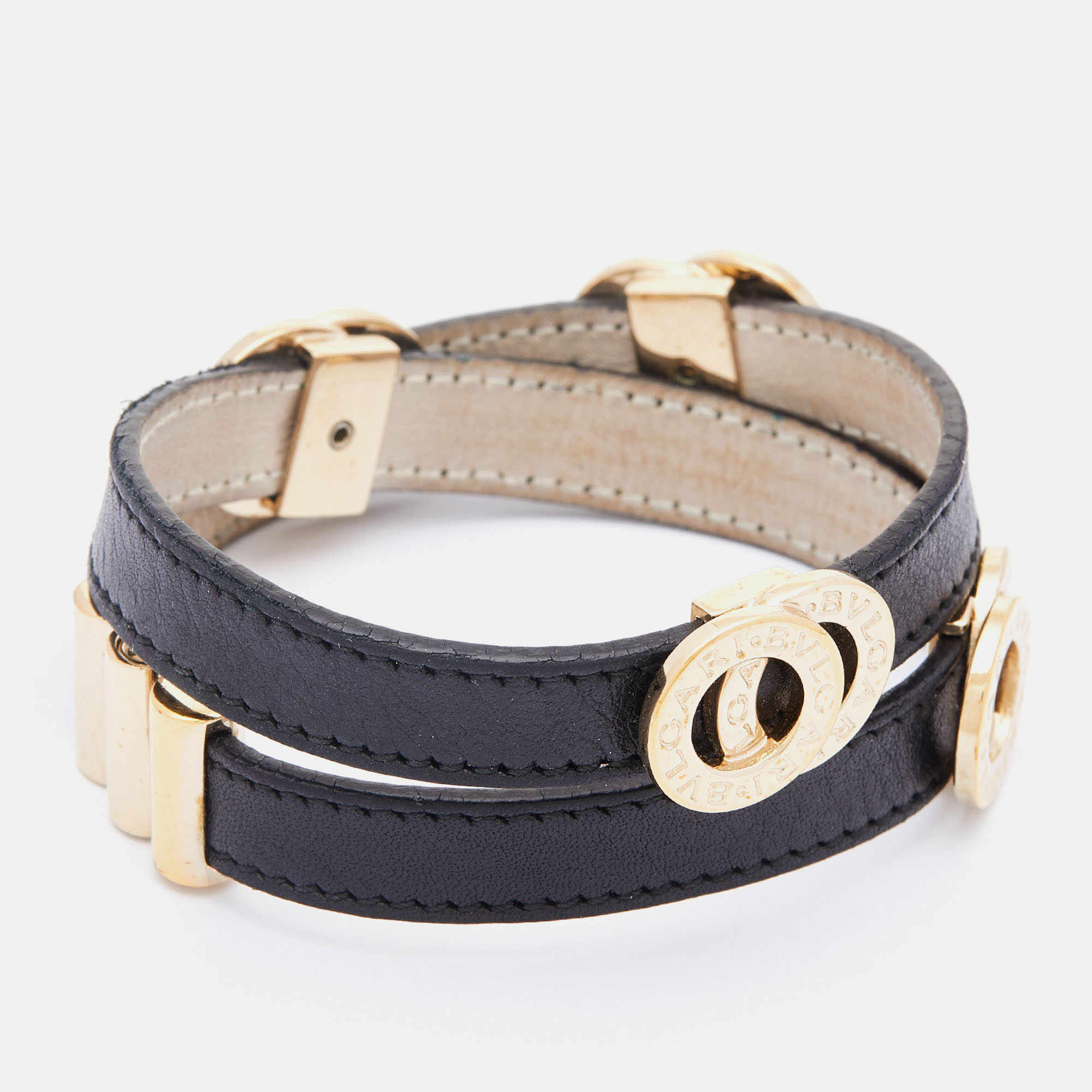 

Bvlgari Black Leather Gold Tone Double Coiled Wrap Bracelet