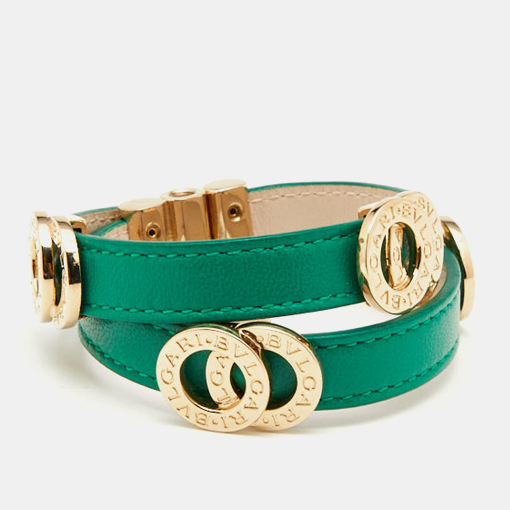 

Bvlgari Green Leather Gold Tone Double Wrap Bracelet