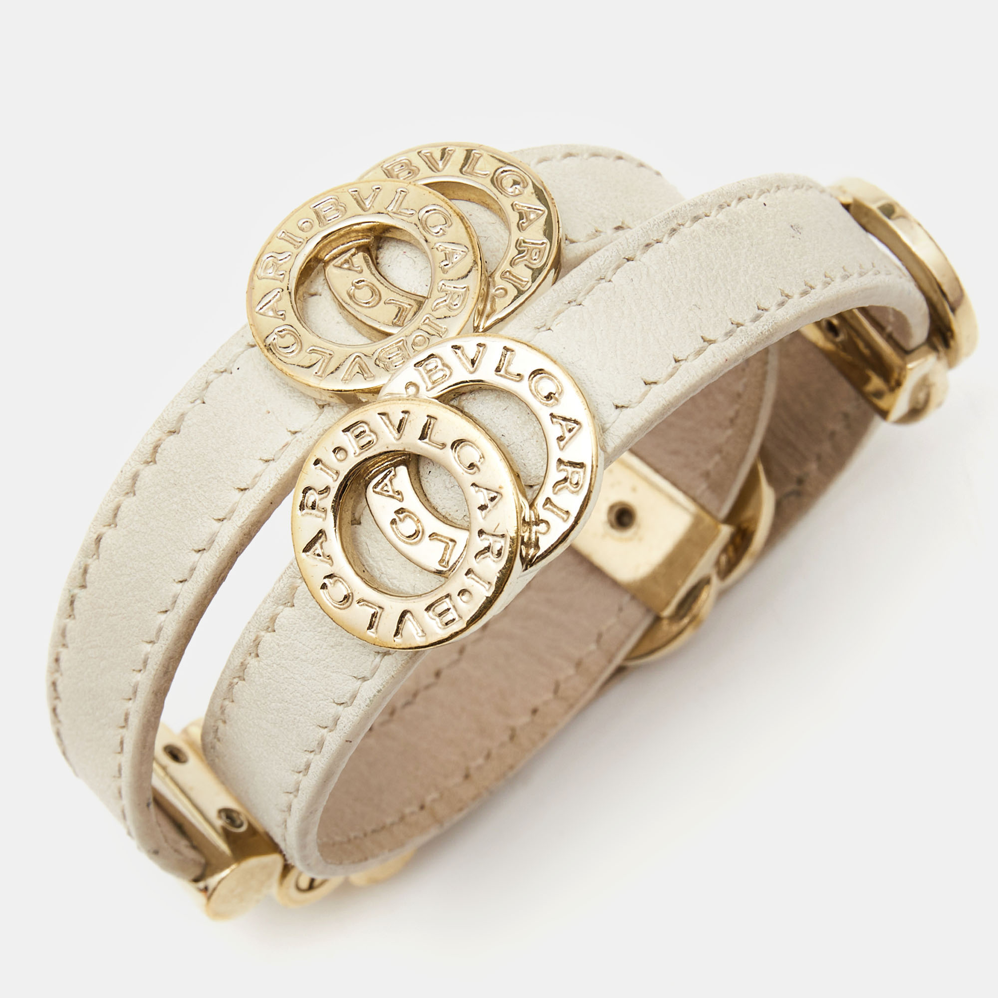 

Bvlgari Interlocking Circles Leather Gold Tone Double Wrap Bracelet