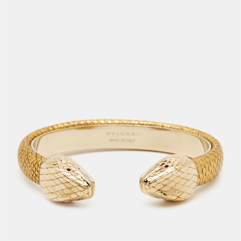Pre Owned Bvlgari Serpenti Forever Leather Enamel Gold Tone Cuff Bracelet