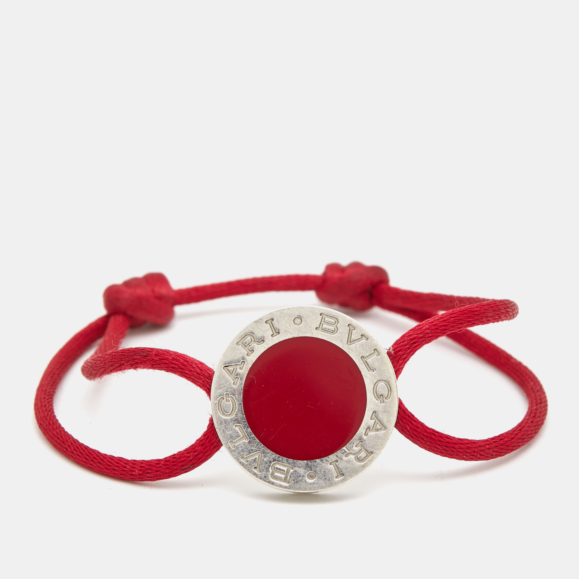 Pre-owned Bvlgari Red Enamel Sterling Silver Adjustable Cord Bracelet