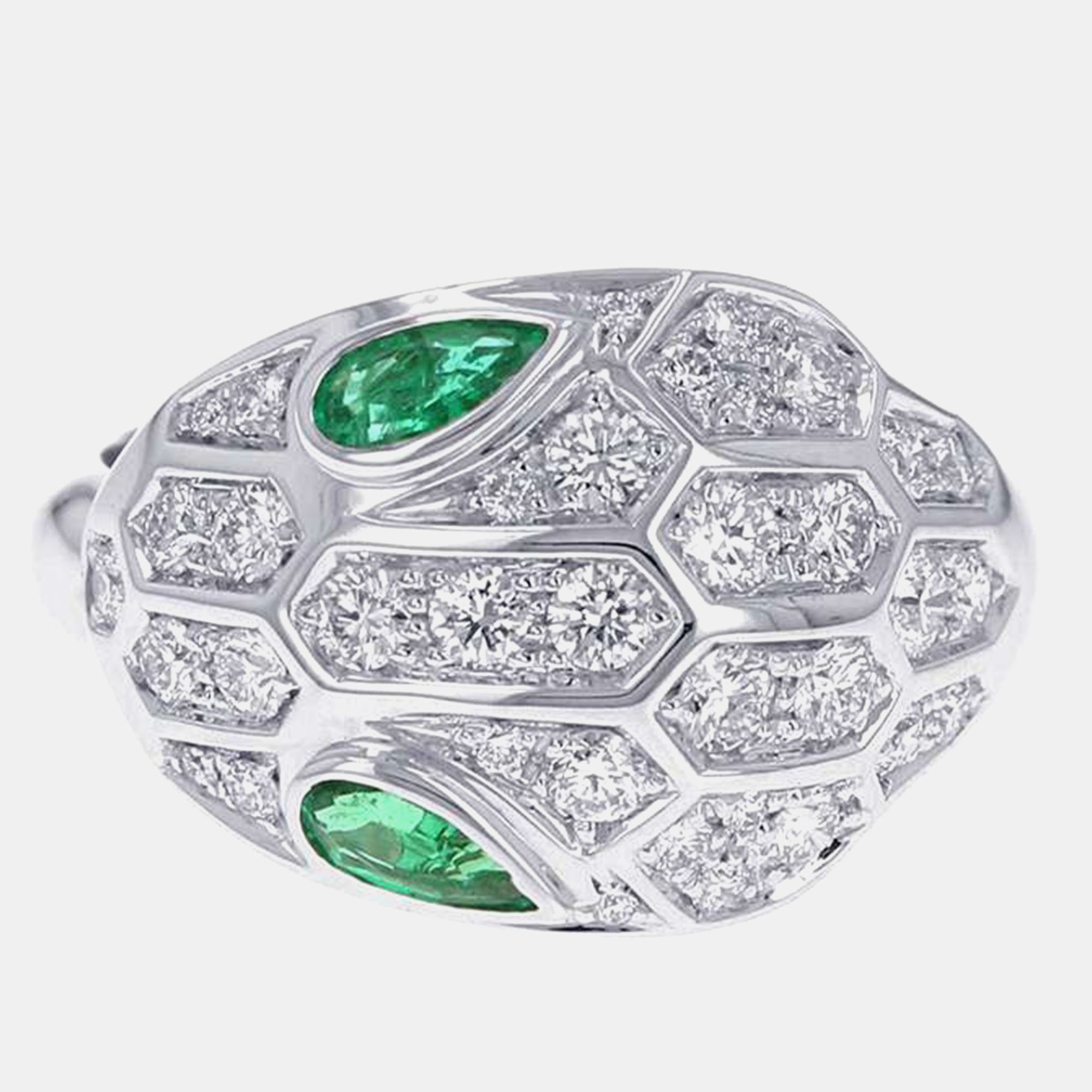 

Bvlgari 18K White Gold Diamond Emerald Serpenti Seduttori Ring EU 52