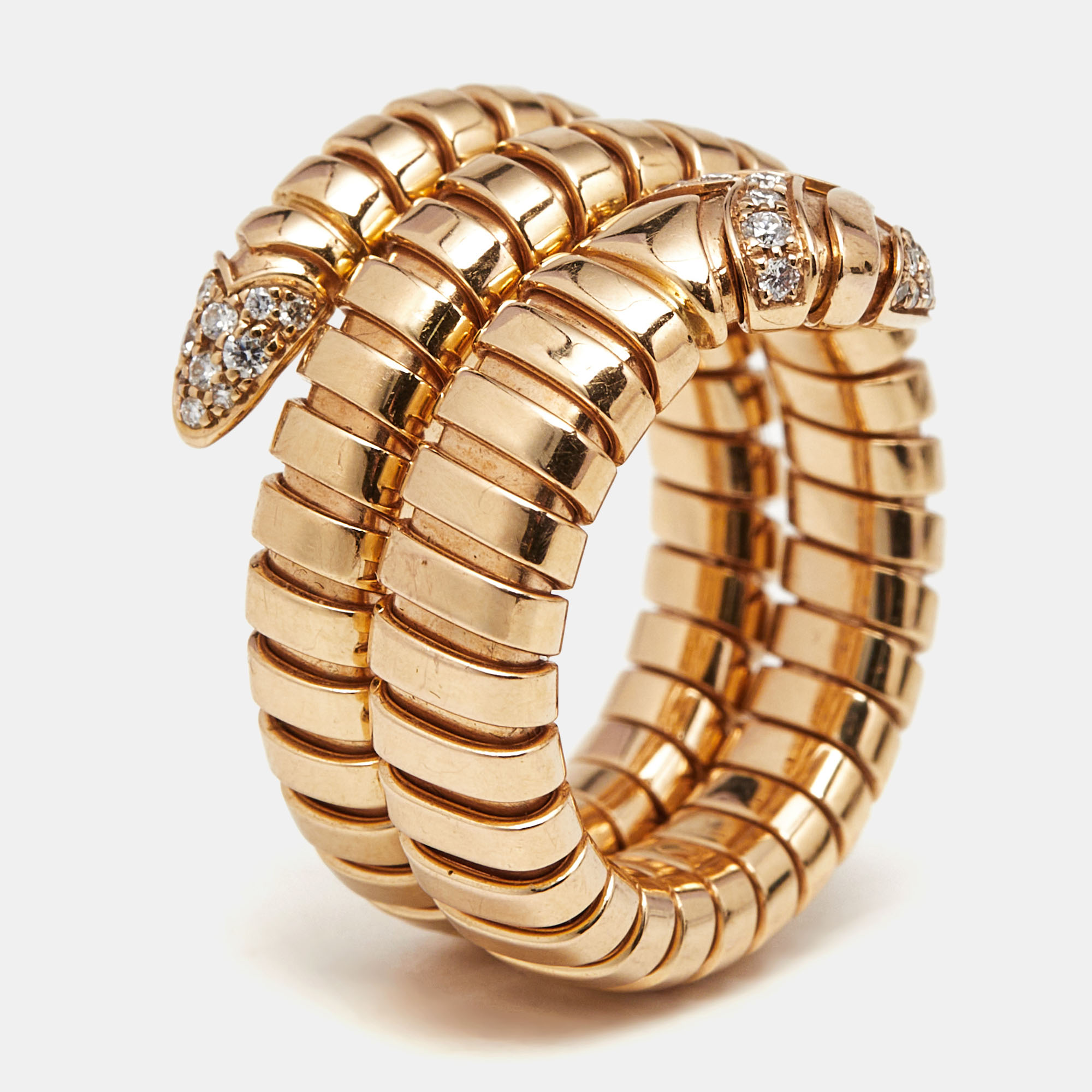 Pre-owned Bvlgari Bulgari Serpenti Tubogas Diamond 18k Rose Gold Wrap Ring Size 55 (l)