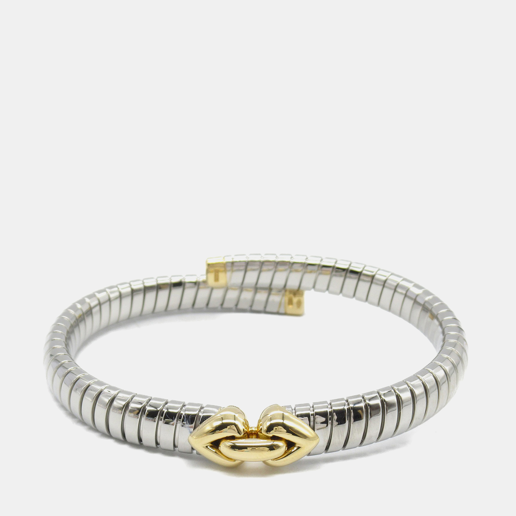 

Bvlgari Stainless Steel and 18K Yellow Gold Tubogas Hearts Open Flex Bangle