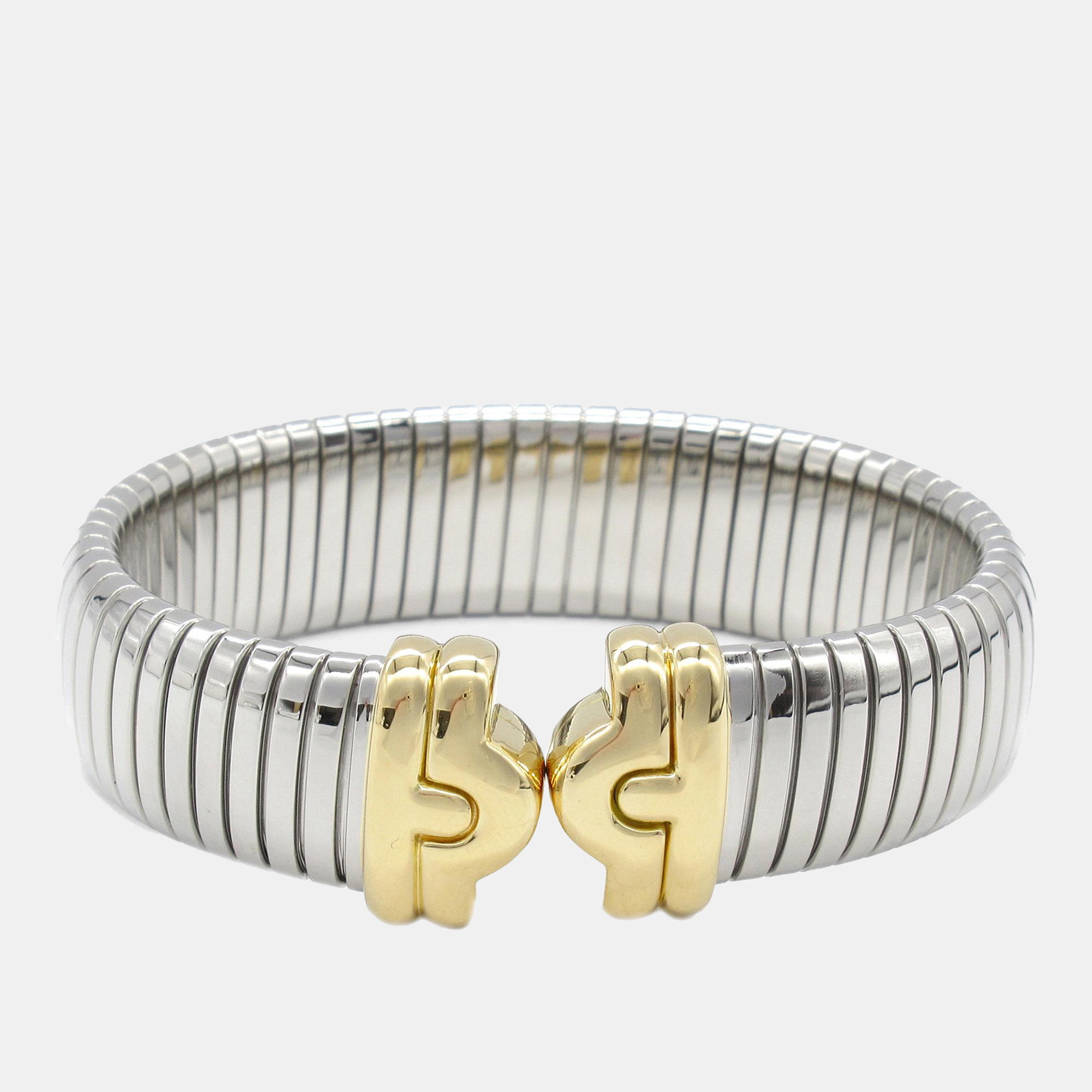 Pre-owned Bvlgari Bicolor 18k Yellow Gold And Stainless Steel Parentesi Tubogas Cuff