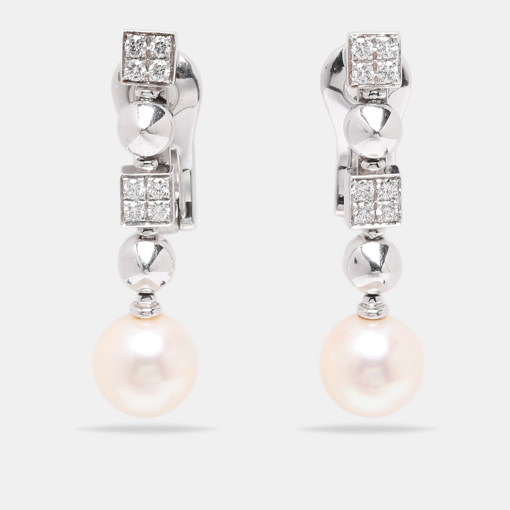 

Bvlgari 18K White Gold Diamond Pearl Lucia Pierced Earrings, Silver