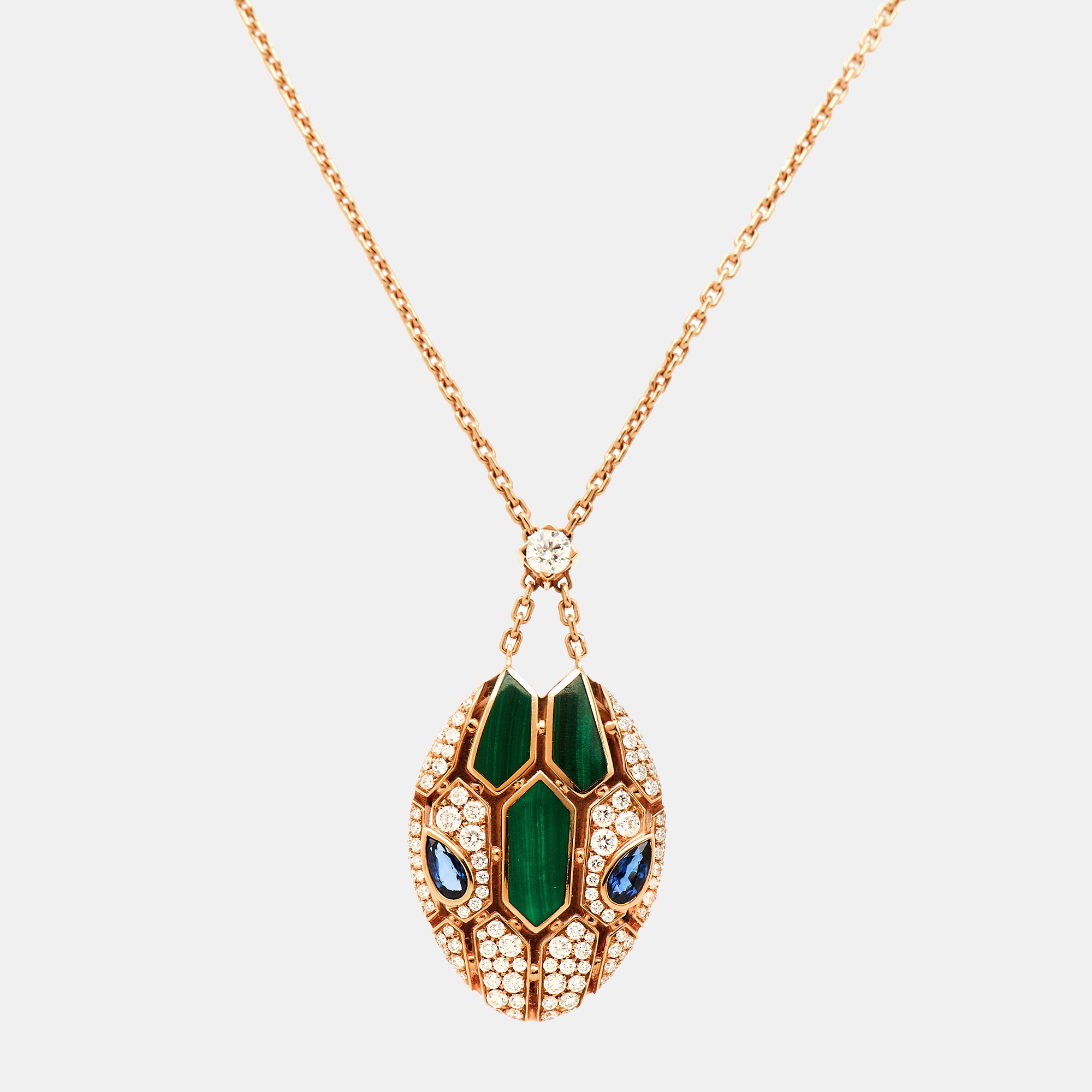 Pre-owned Bvlgari Serpenti Seduttori Diamond Malachite Blue Sapphire 18k Rose Gold Pendant Necklace
